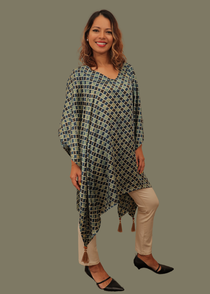 Free size Caftan. Handcrafted Ajrakh on luxurious modal fabric (100%). Hand-printed by master craftsmen using natural dyes.