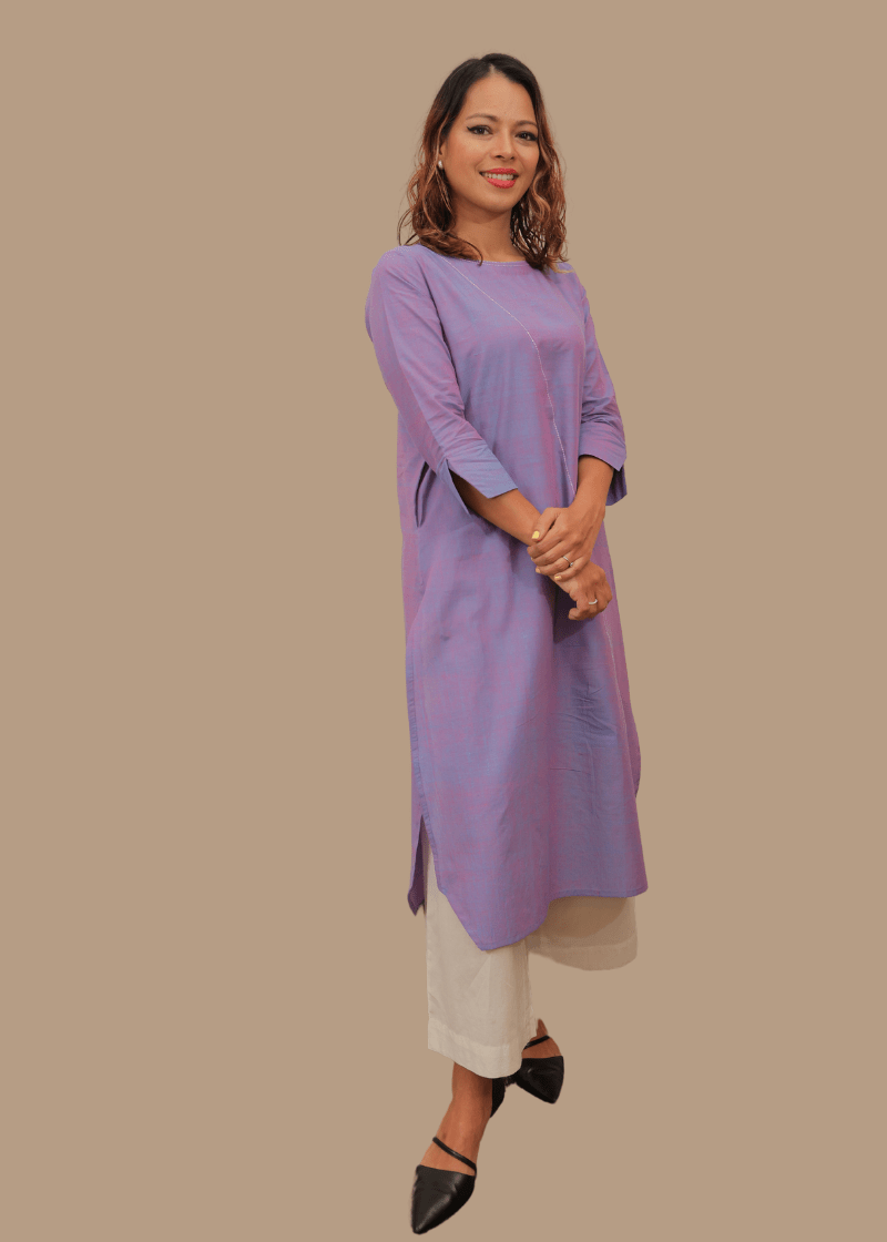 "Side view showcasing the elegant side slits and three-fourth sleeves of the Cotton Sky Blue Pink Slit Kurti."